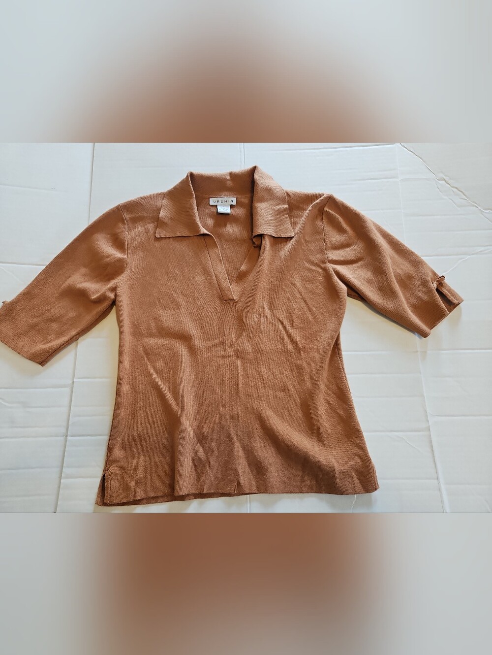 Urchin Silk Cotton Knit Collared Polo Top Camel Brown Size L